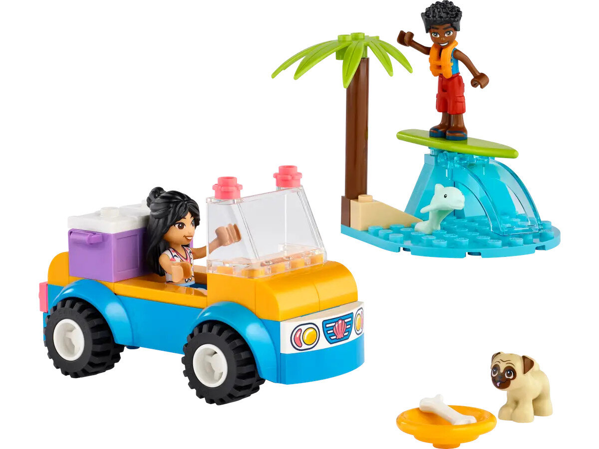 Scena z Lego: samochód, surfer, pies i palma. Otoczenie plaży.