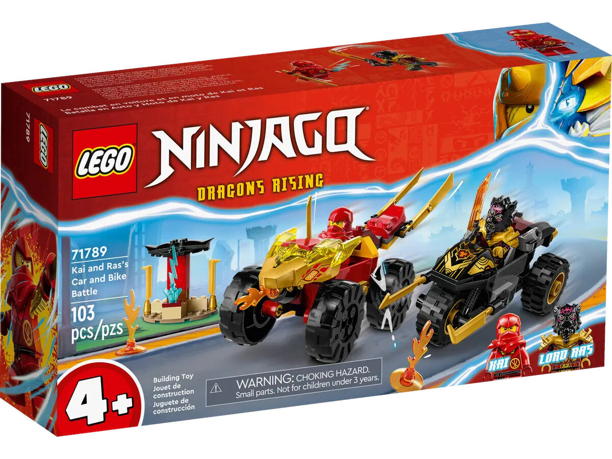 Zestaw Lego Ninjago. Zawiera dwa zabawki-samochody i figurki. Schemat kolorów czerwony i złoty.