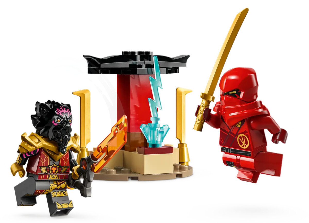 Dwie figurki Lego Ninjago naprzeciwko siebie. Świątynia w tle.