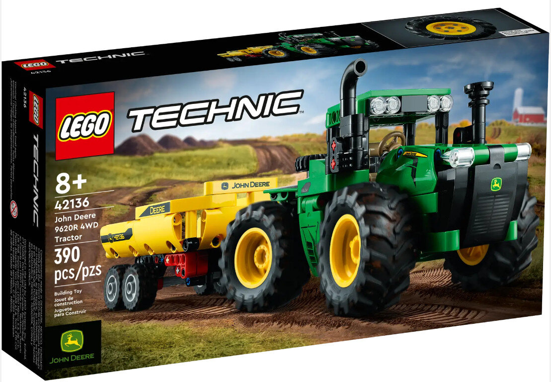 Pudełko zestawu Lego Technic John Deere, zielono-żółte, ze zdjęciem i tekstem traktora.