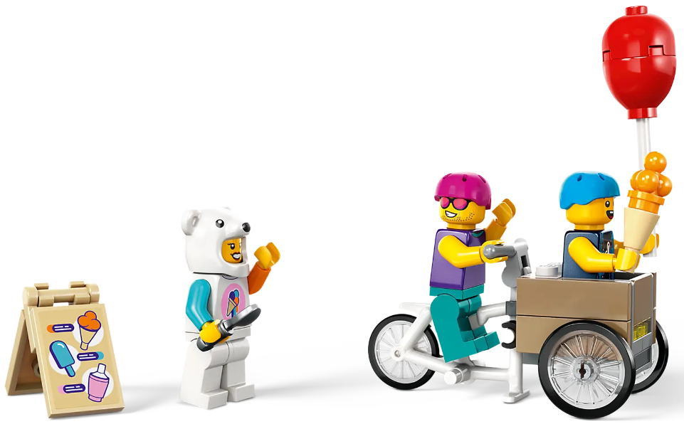 Figurki Lego: sprzedawca lodów, niedźwiedź polarny i dwóch rowerzystów z wózka z lodami. Białe tło.