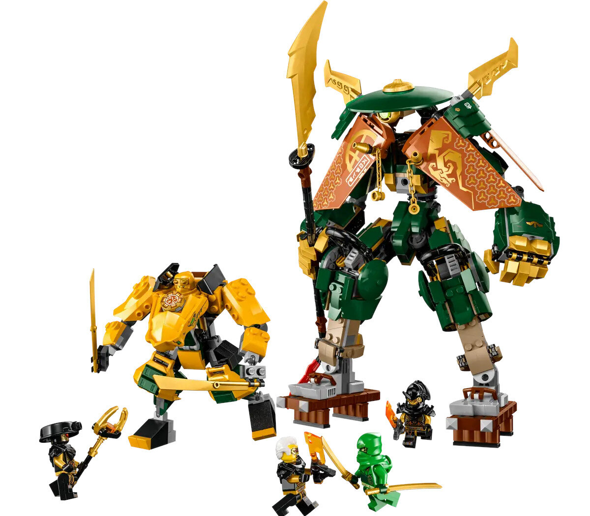 Zestaw Lego Ninjago z kilkoma minifigurkami i dwiema dużymi figurami robotów.