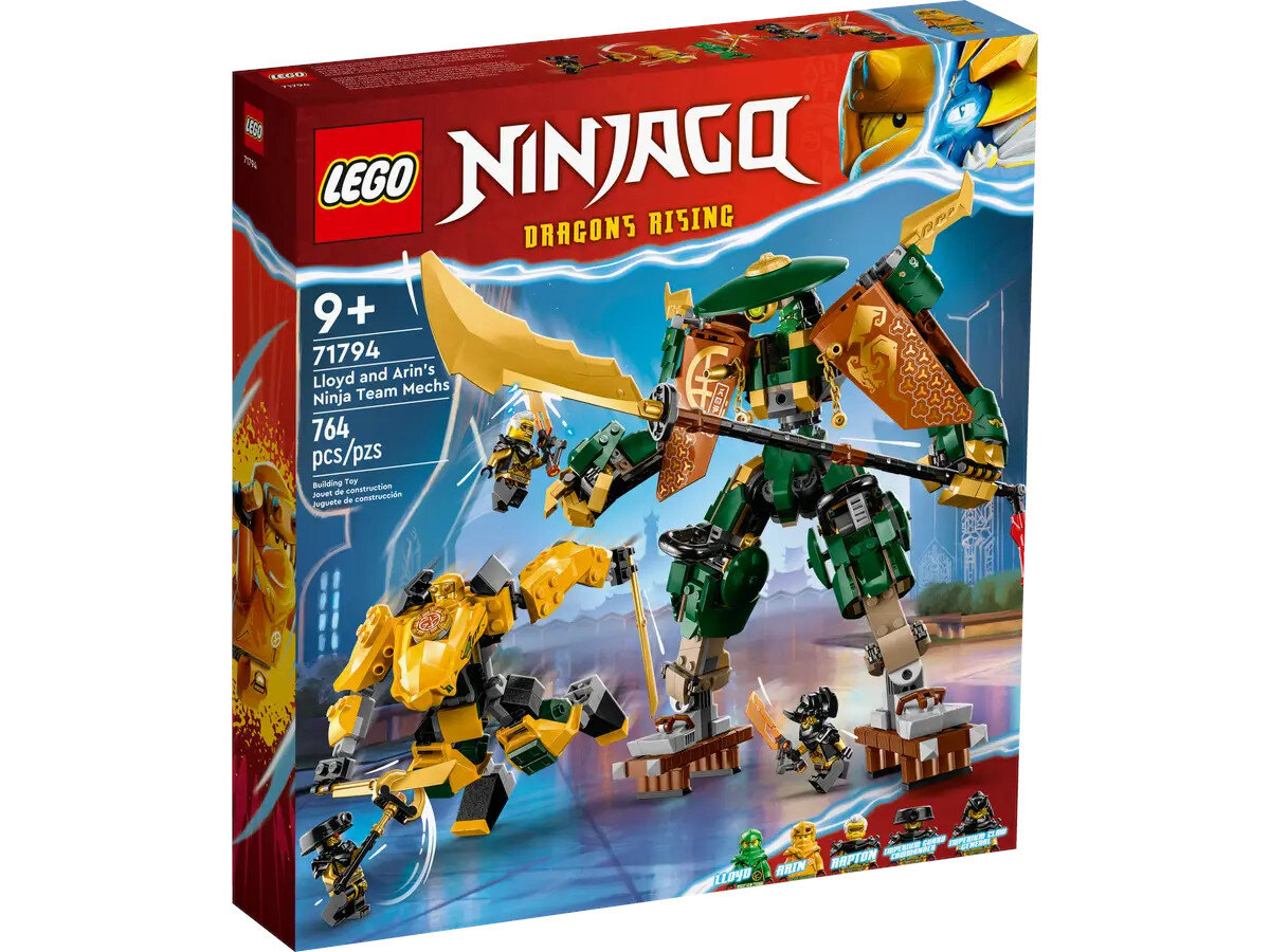 Grafika pudełka LEGO Ninjago z żółtym i zielonym mechem ninja walczącym. Pudełko jest czerwono-żółte.