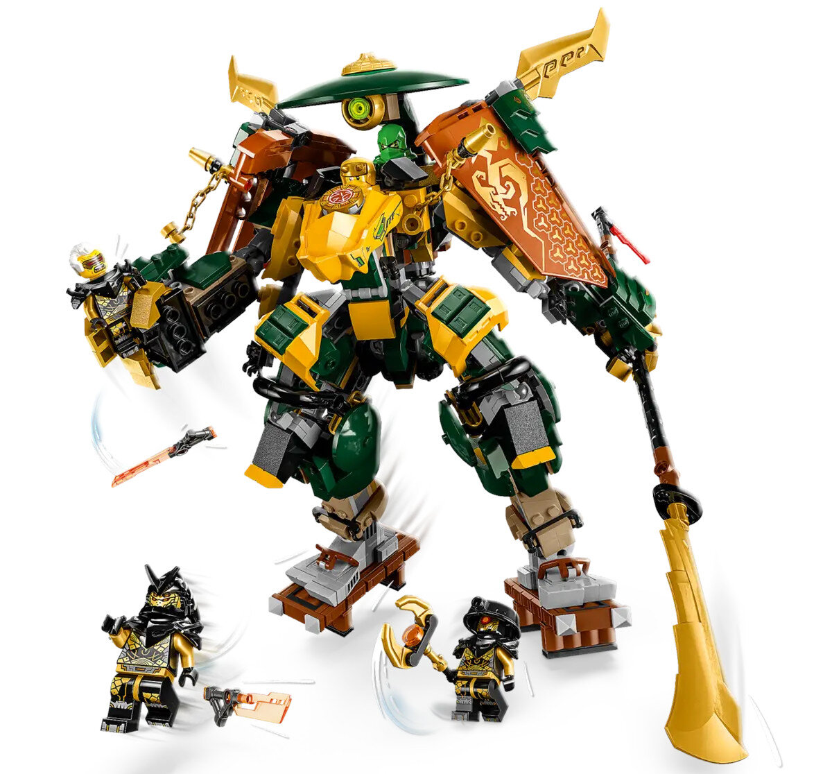 Zabawka LEGO Ninjago mech z trzema minifigurkami i bronią, na białej powierzchni.