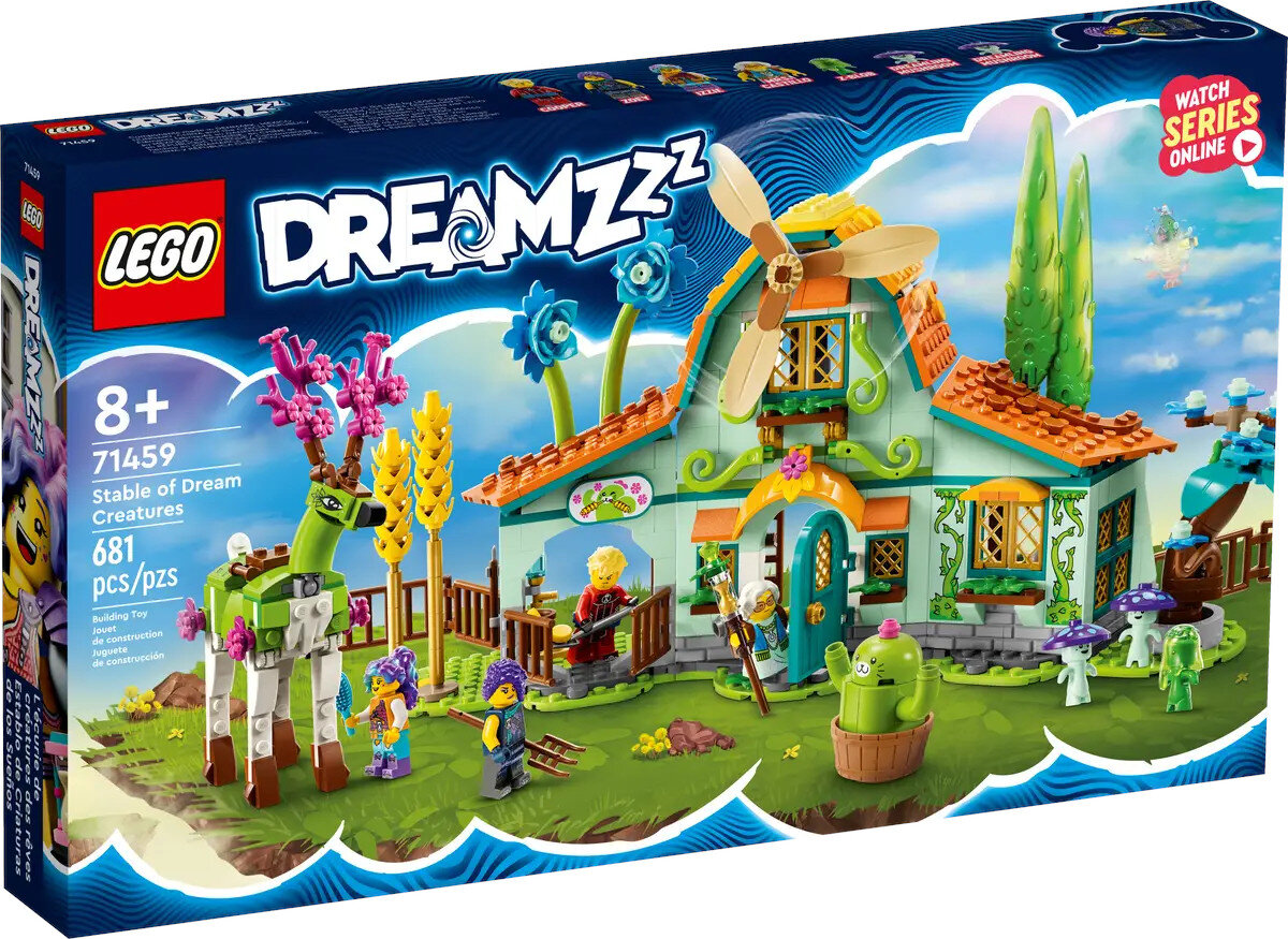 Zestaw Lego Dreamzzz z fantazyjnym domem, zielonym jeleniem i minifigurkami.