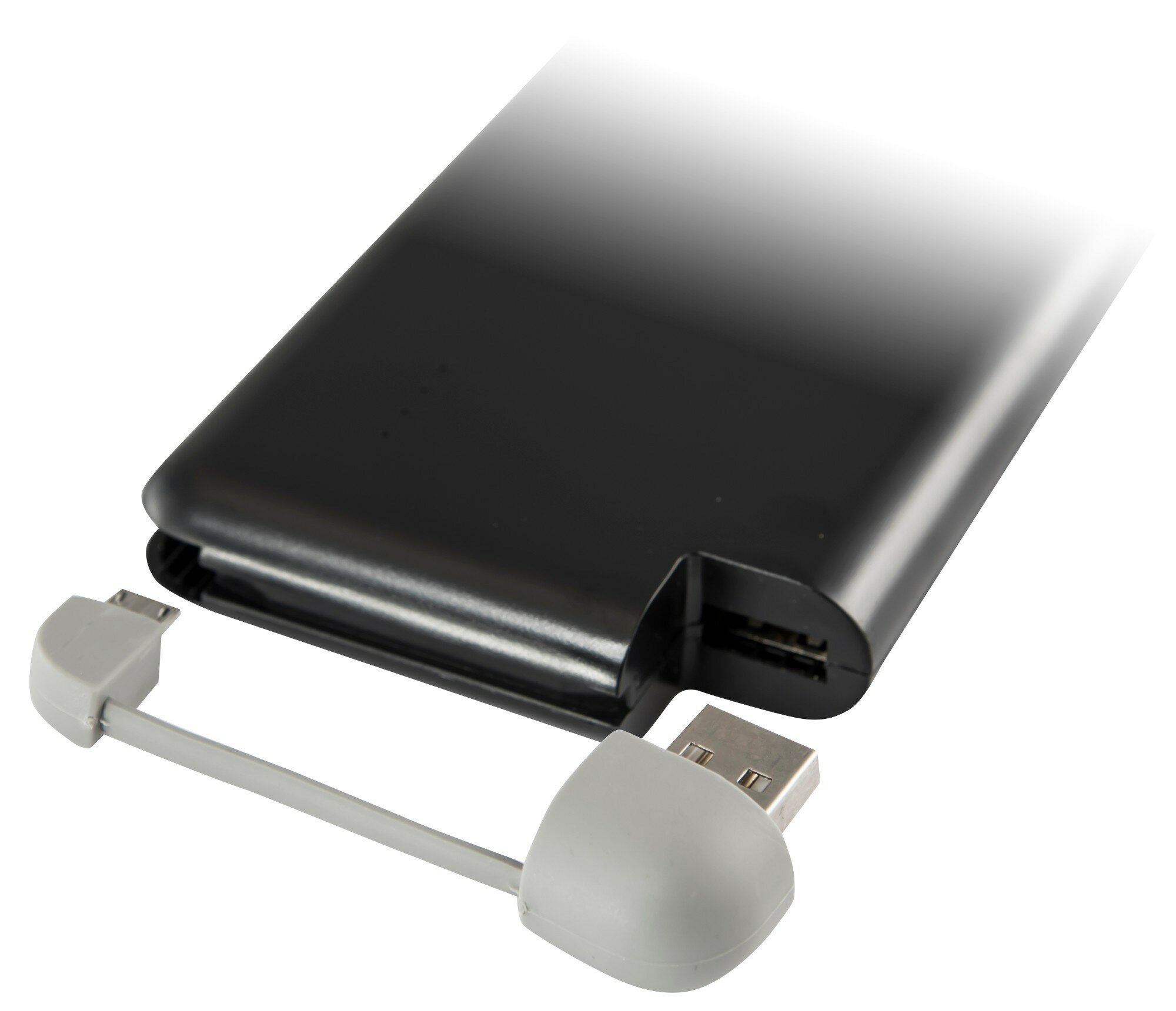 Czarny powerbank z podłączonym szarym kablem ładującym i złączem USB.