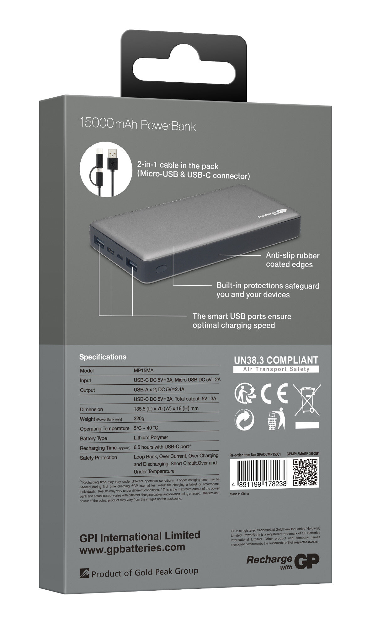 Powerbank GP MP15MAGR 15000mAh Szary
