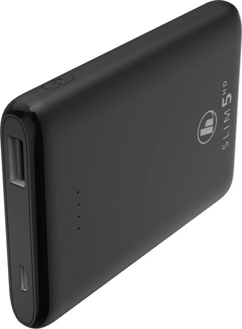 Czarny power bank z portami i przyciskiem zasilania.