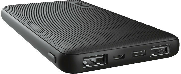 Czarny power bank z żebrowaną fakturą i wieloma portami USB.