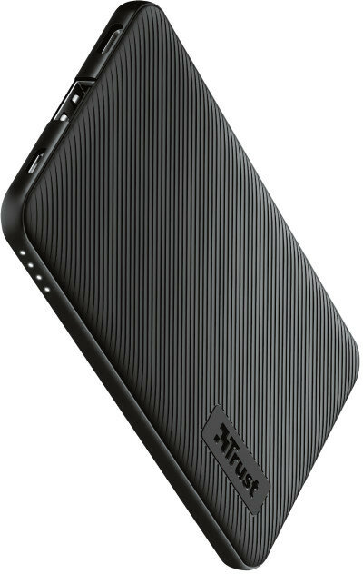 Czarny power bank z pionowymi żłobieniami i logo "Trust".