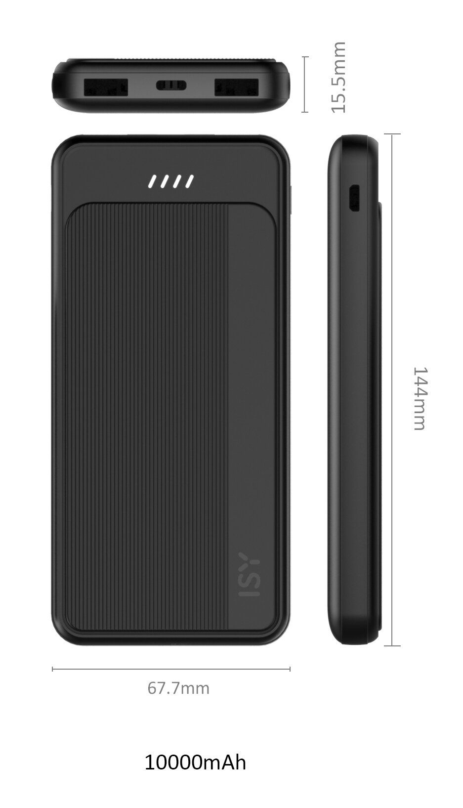 Czarny power bank ze specyfikacją, w tym 10000mAh, wymiarami i marką ISY.