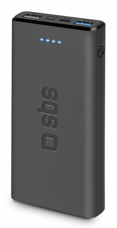 Czarny power bank z niebieskimi diodami LED. Logo 'sbs' wytłoczone na przodzie.