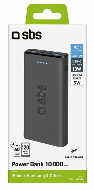 Czarny power bank z białym pudełkiem. Pudełko zawiera markę 'sbs' i informacje o power banku.