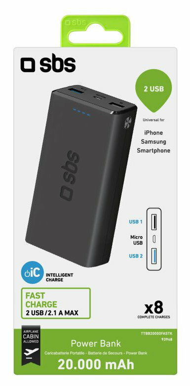 Czarne pudełko power banku z portami USB i etykietami z informacjami.