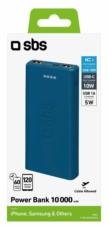 Niebieski power bank z białym pudełkiem, wyświetlający specyfikacje USB i ładowania.