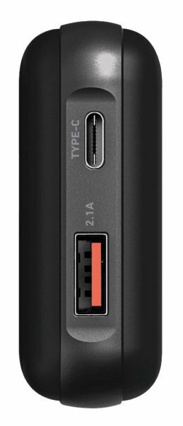Czarny power bank z portami USB-C i USB. Oznaczenia: 'TYPE-C' i '2.1A'.