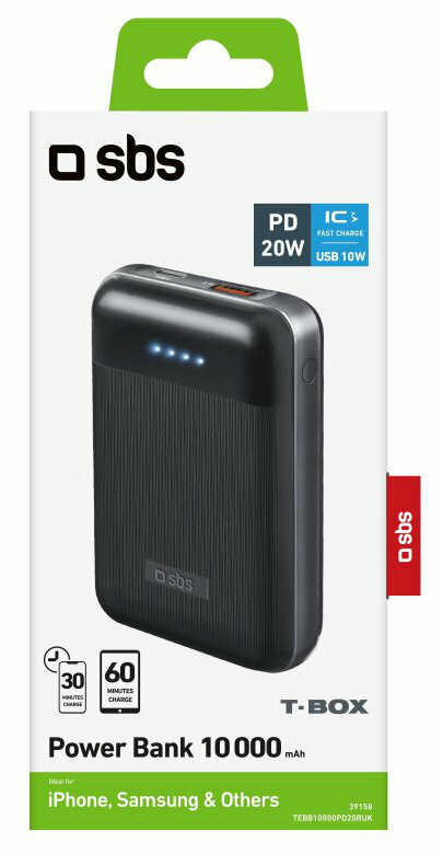 Czarny Power Bank. W pudełku, z przyciskiem zasilania i wskaźnikami ładowania. Pokazano porty USB i PD.