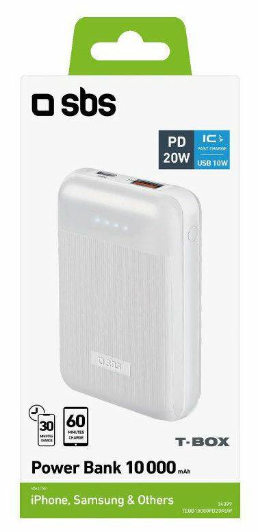 Białe pudełko power banku z tekstem i obrazkami. Pokazuje 20W, USB 10W oraz ładowanie 30/60 minut.