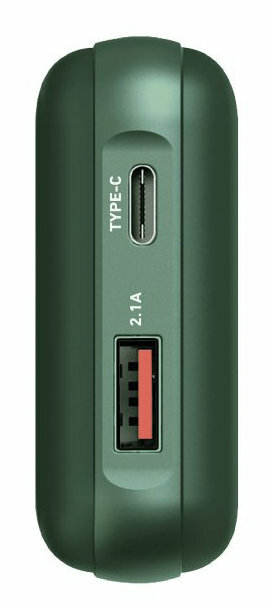 Ciemnozielona przenośna ładowarka z portami USB i USB-C. Ma tekst: TYPE-C i 2.1A.