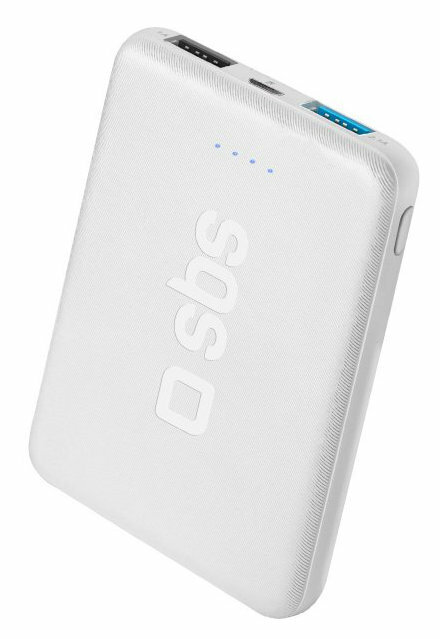 Biała ładowarka przenośna z białą nazwą marki 'sbs' oraz portami ładowania.