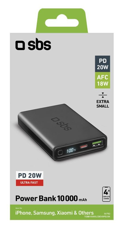 Czarny power bank z ekranem pokazującym ładowanie.