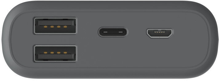 Ciemnoszary power bank z dwoma portami USB, portem USB-C i portem micro-USB.