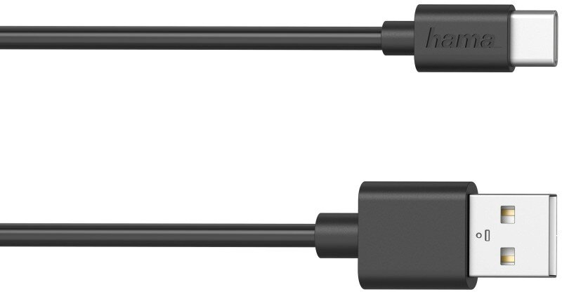 Czarny kabel USB-C do USB-A. Końcówka USB-C oznaczona 'hama'.