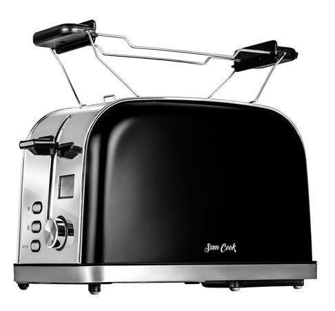 Czarny i srebrny toster z logo Sam Cook. Białe tło.