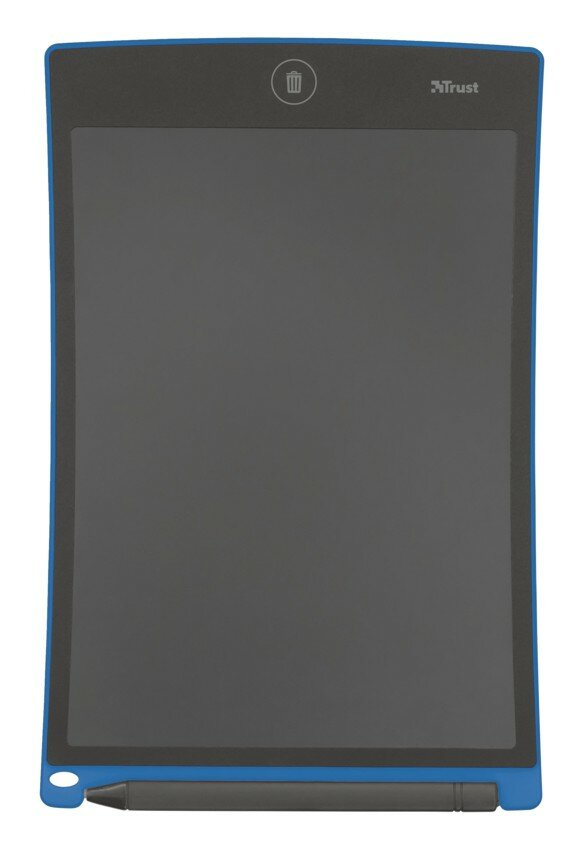 Niebieska obramówka, czarny ekran tabletu z rysikiem. Tablet ma ikonę kosza na śmieci.