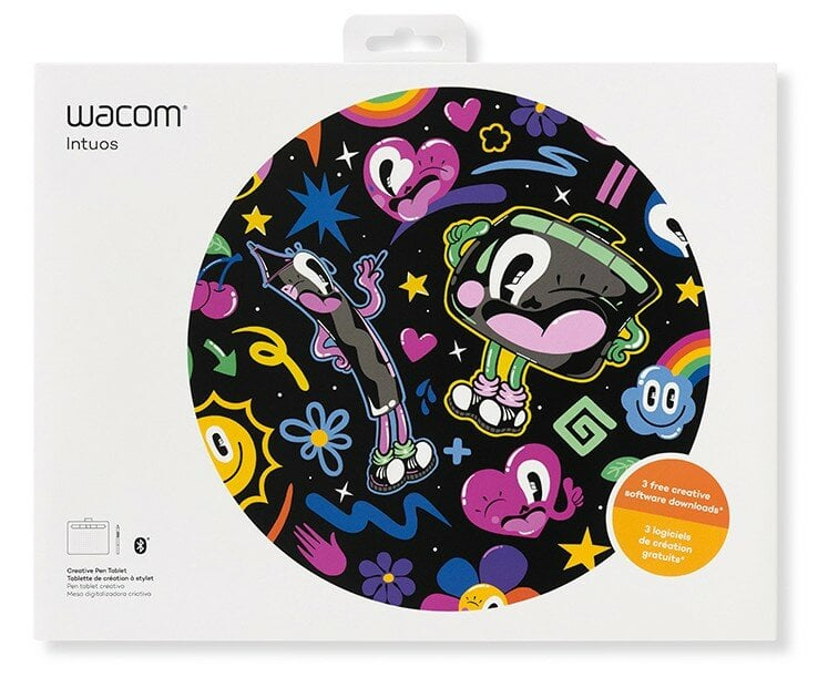 Pudełko tabletu graficznego Wacom Intuos z kolorową grafiką z kreskówek. Pudełko jest białe.
