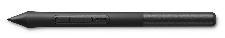 Czarny rysik Wacom. Posiada dwa przyciski i logo Wacom. Jest cylindryczny i zwęża się na końcu.