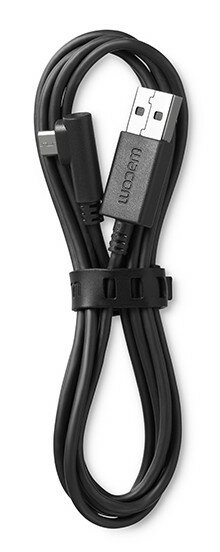 Czarny kabel USB, ciasno zwinięty opaską kablową. Widoczne logo Wacom.