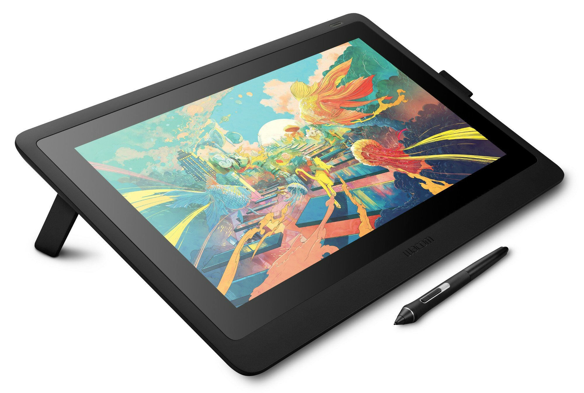 Czarny tablet graficzny Wacom z piórem, wyświetlający kolorowe abstrakcyjne dzieło sztuki.