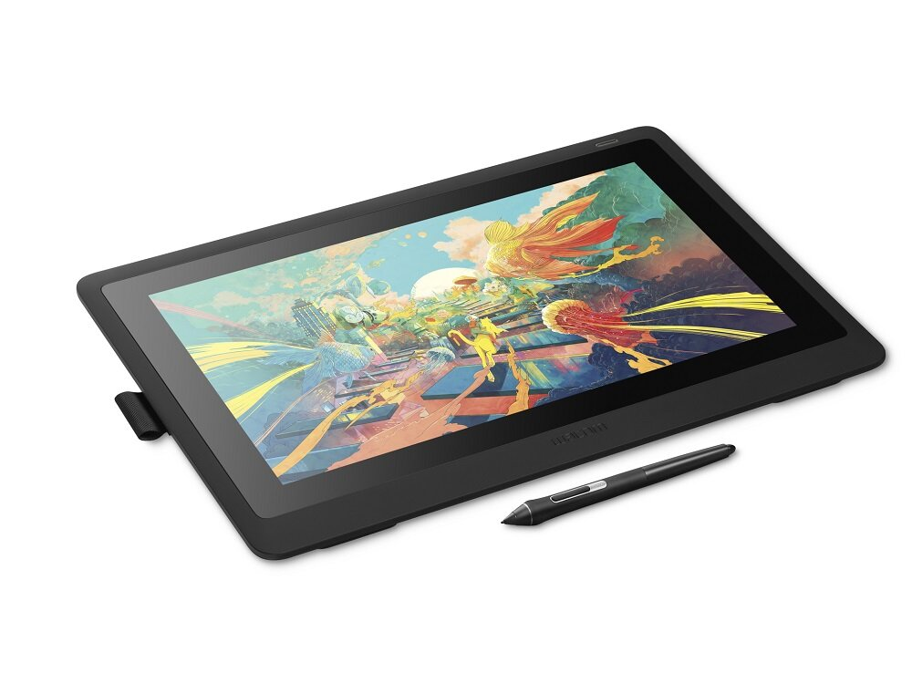 Czarny tablet graficzny z piórem. Wyświetla kolorowe cyfrowe dzieło sztuki. Białe tło.