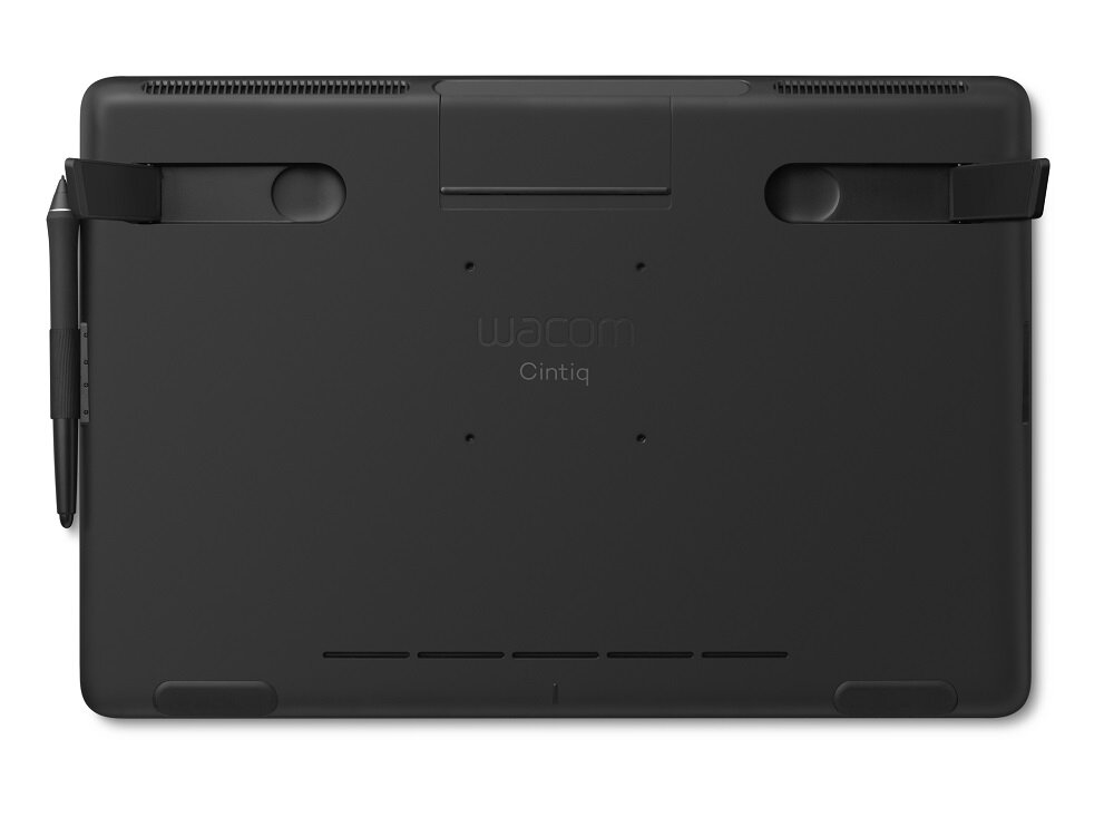 Spód czarnego tabletu graficznego Wacom Cintiq. Pokazuje porty i nóżki.