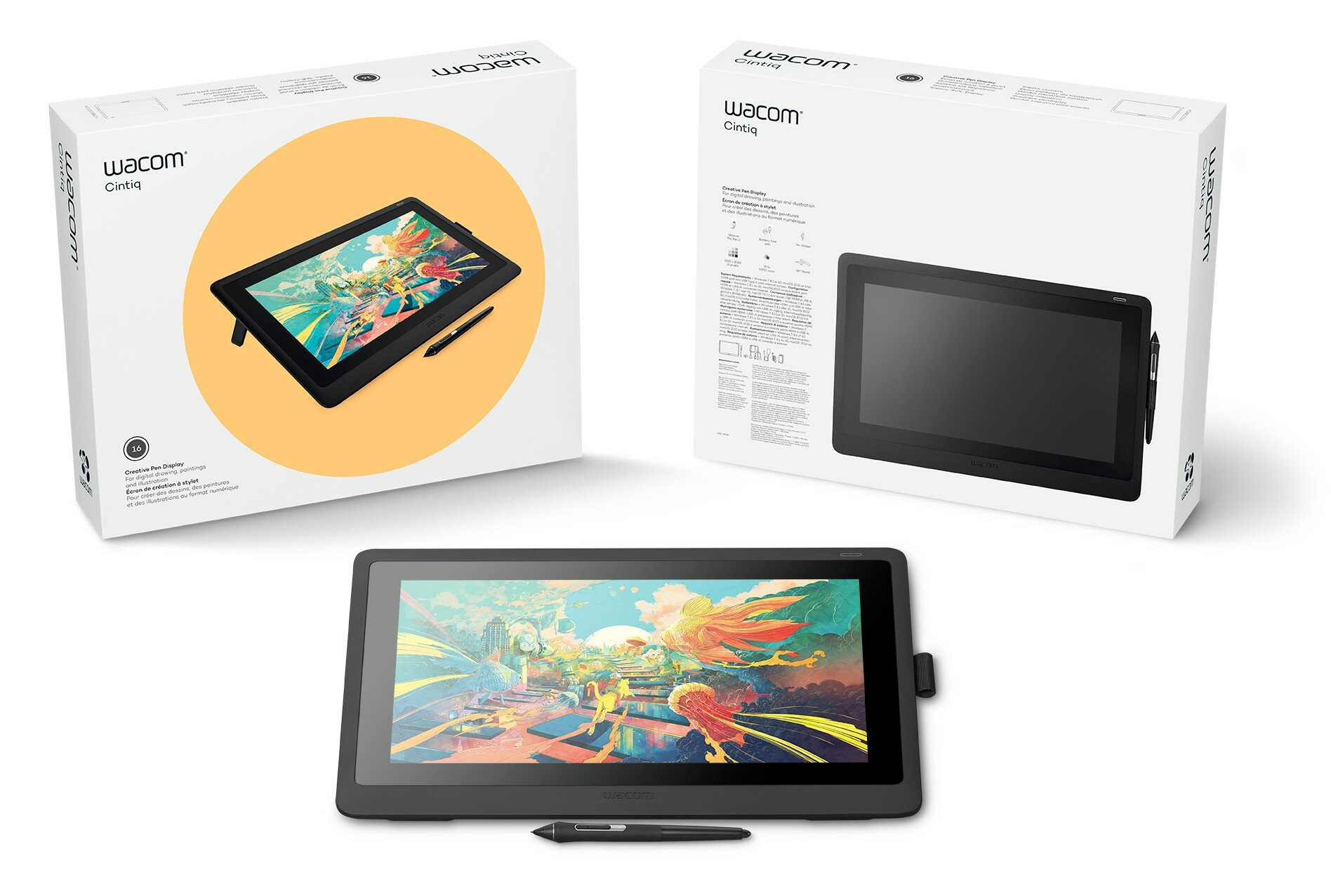 Tablet wyświetlający Wacom Cintiq z piórem i dwoma pudełkami produktu. Białe tło.