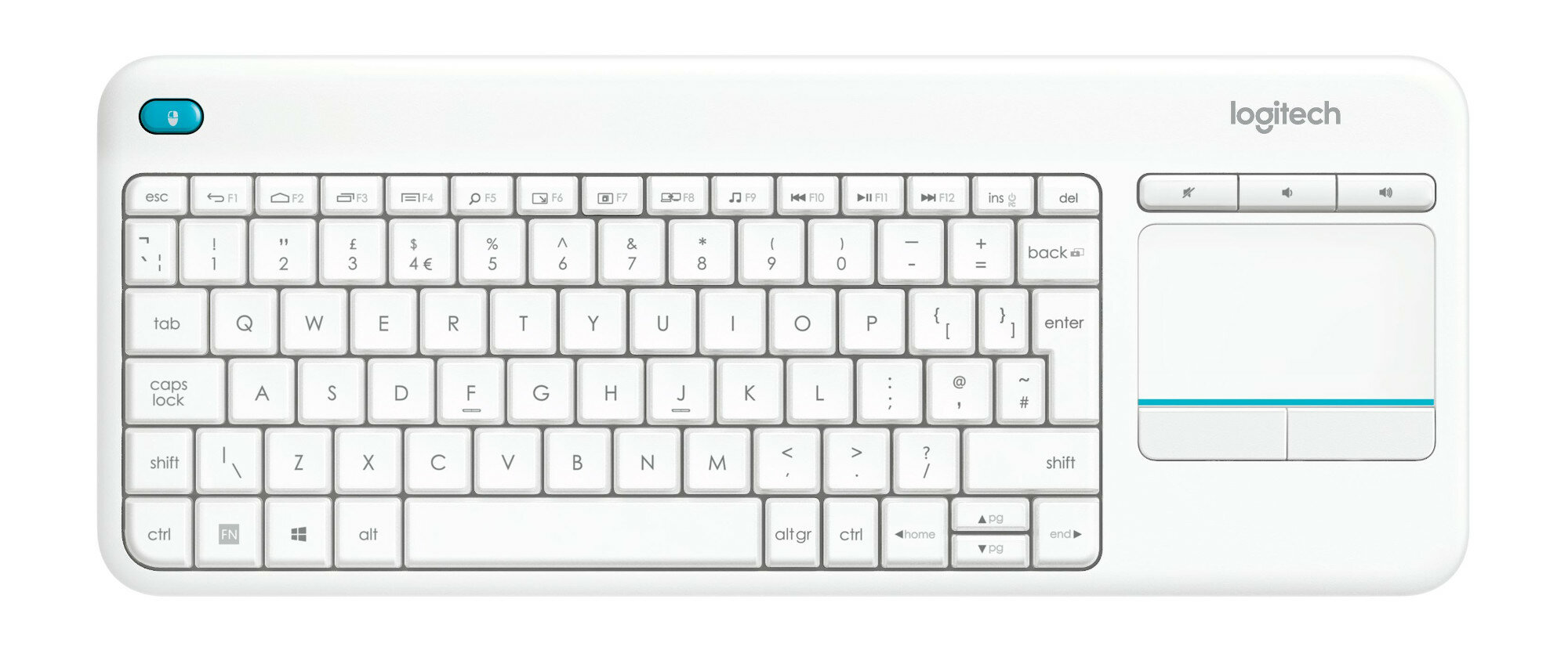 Biała klawiatura Logitech z touchpadem. Ma klawisze i mały niebieski przycisk.