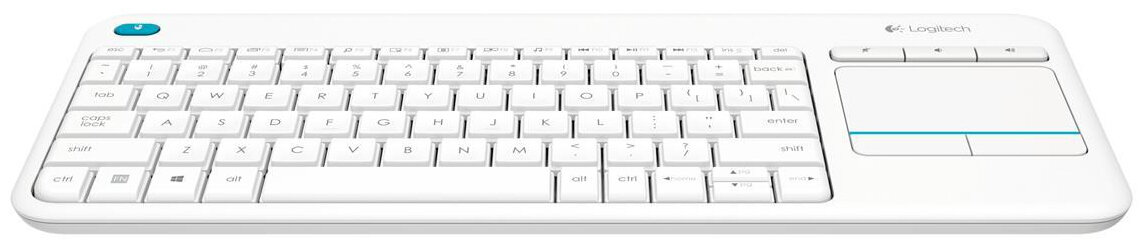Biała klawiatura Logitech z panelem dotykowym i klawiszami funkcyjnymi, na białym tle.