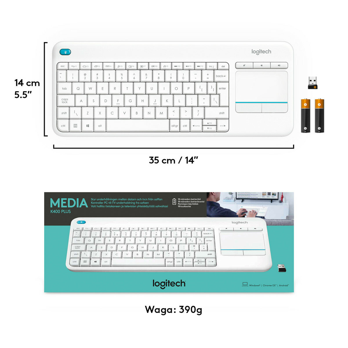 Biała klawiatura Logitech K400 Plus z touchpadem, wymiary i szczegóły baterii.
