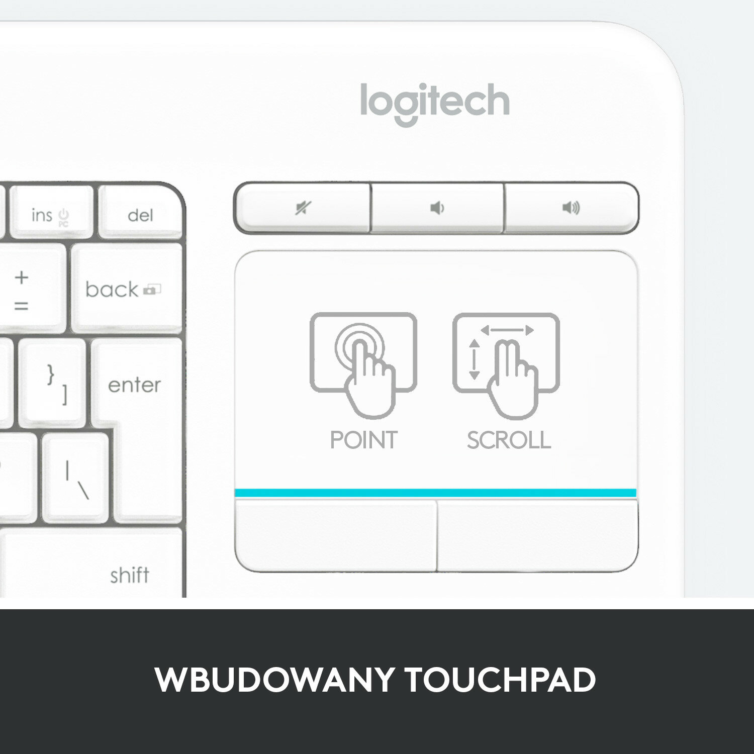 Biała klawiatura Logitech, z panelem dotykowym. Panel dotykowy z ikonami punktu i przewijania.
