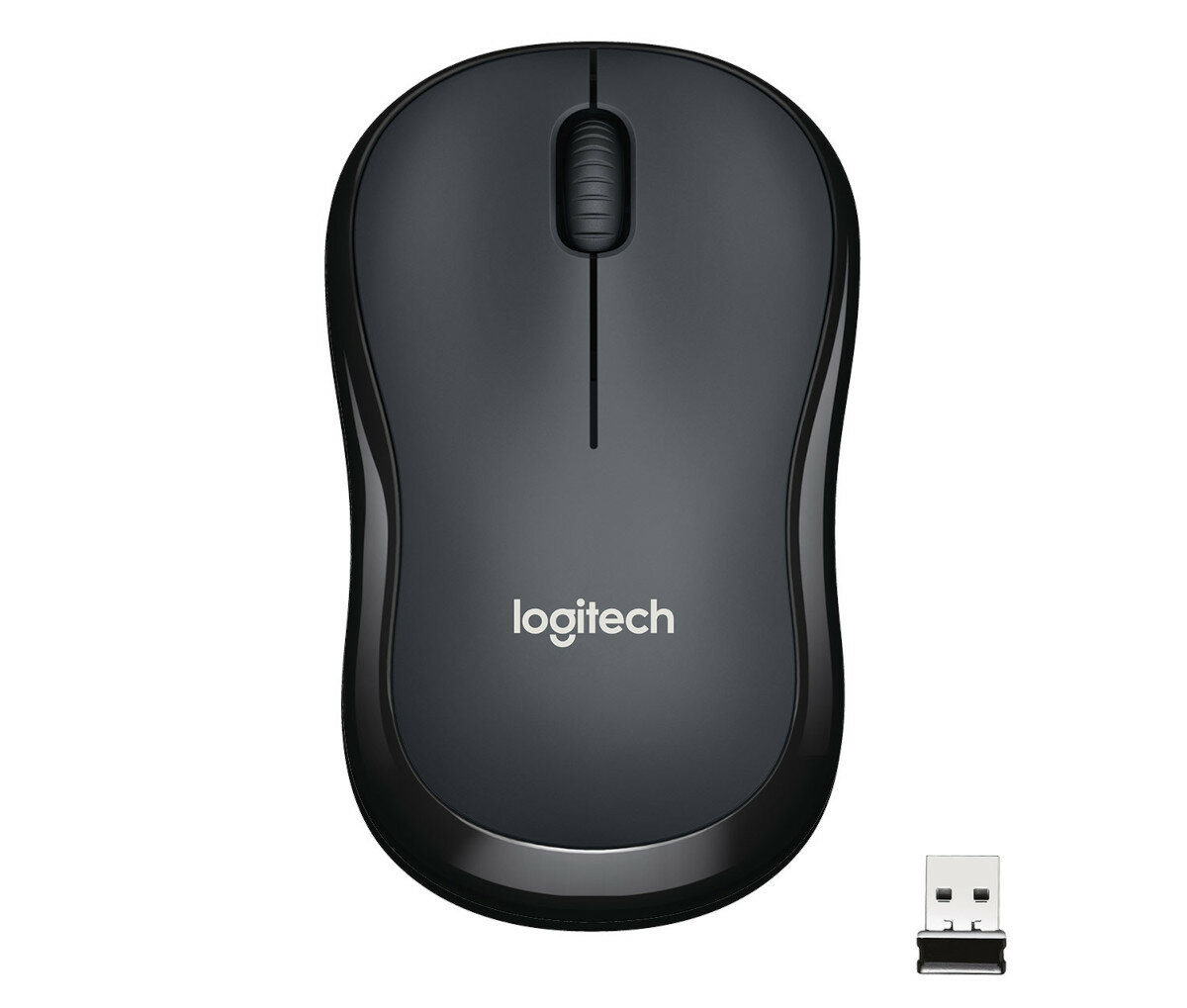 Czarna bezprzewodowa mysz Logitech z odbiornikiem USB i białym tłem.