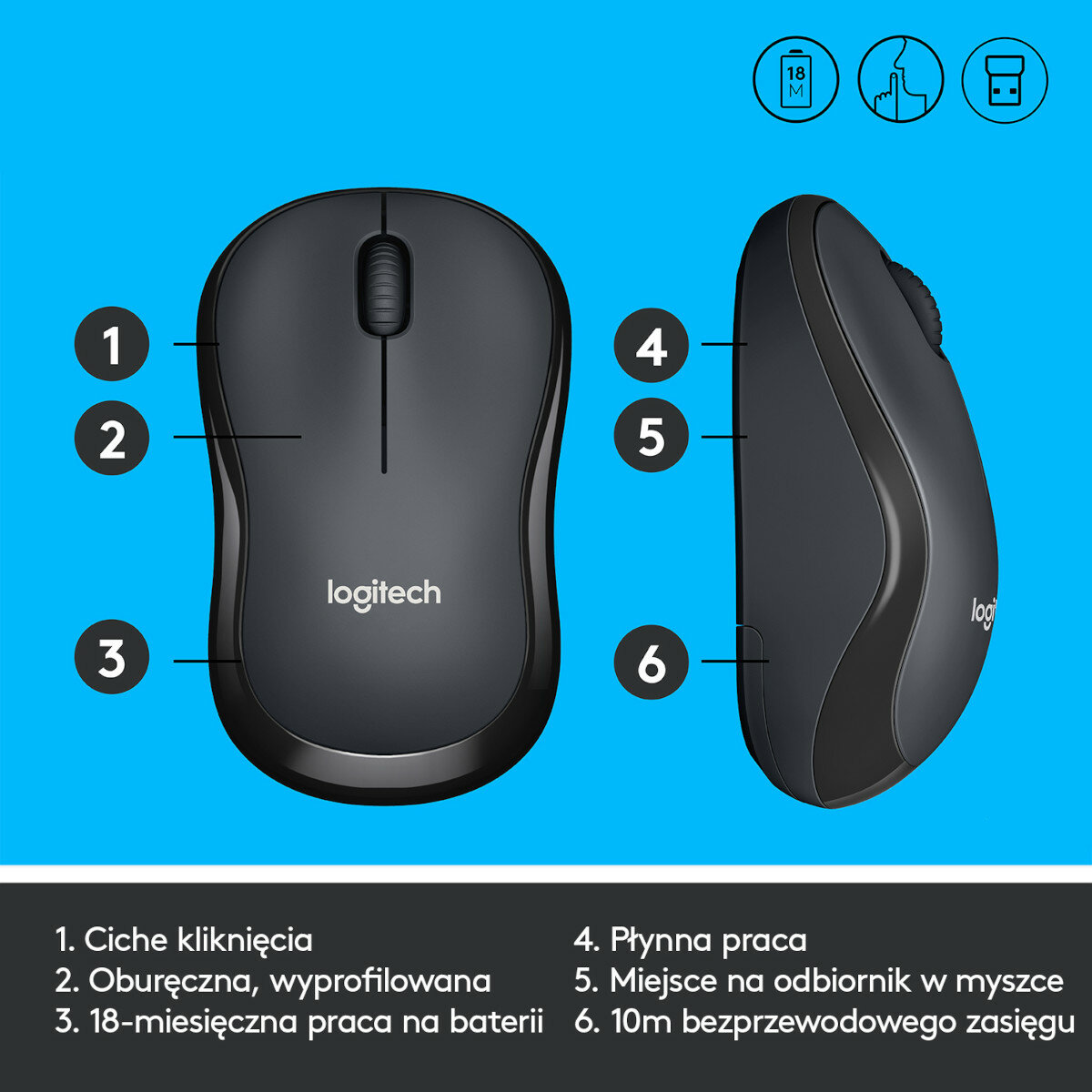 Czarna mysz Logitech z ponumerowanymi cechami: kliknięcia, profil, bateria, płynna praca itp.