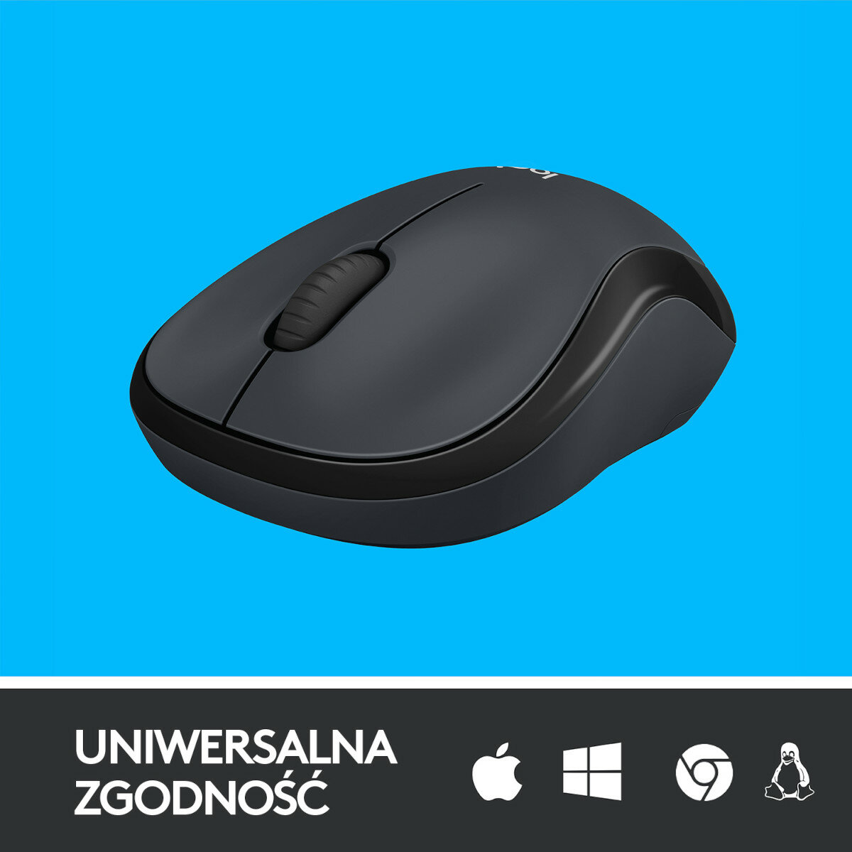 Czarna mysz bezprzewodowa, z kółkiem przewijania, na jasnoniebieskim tle.