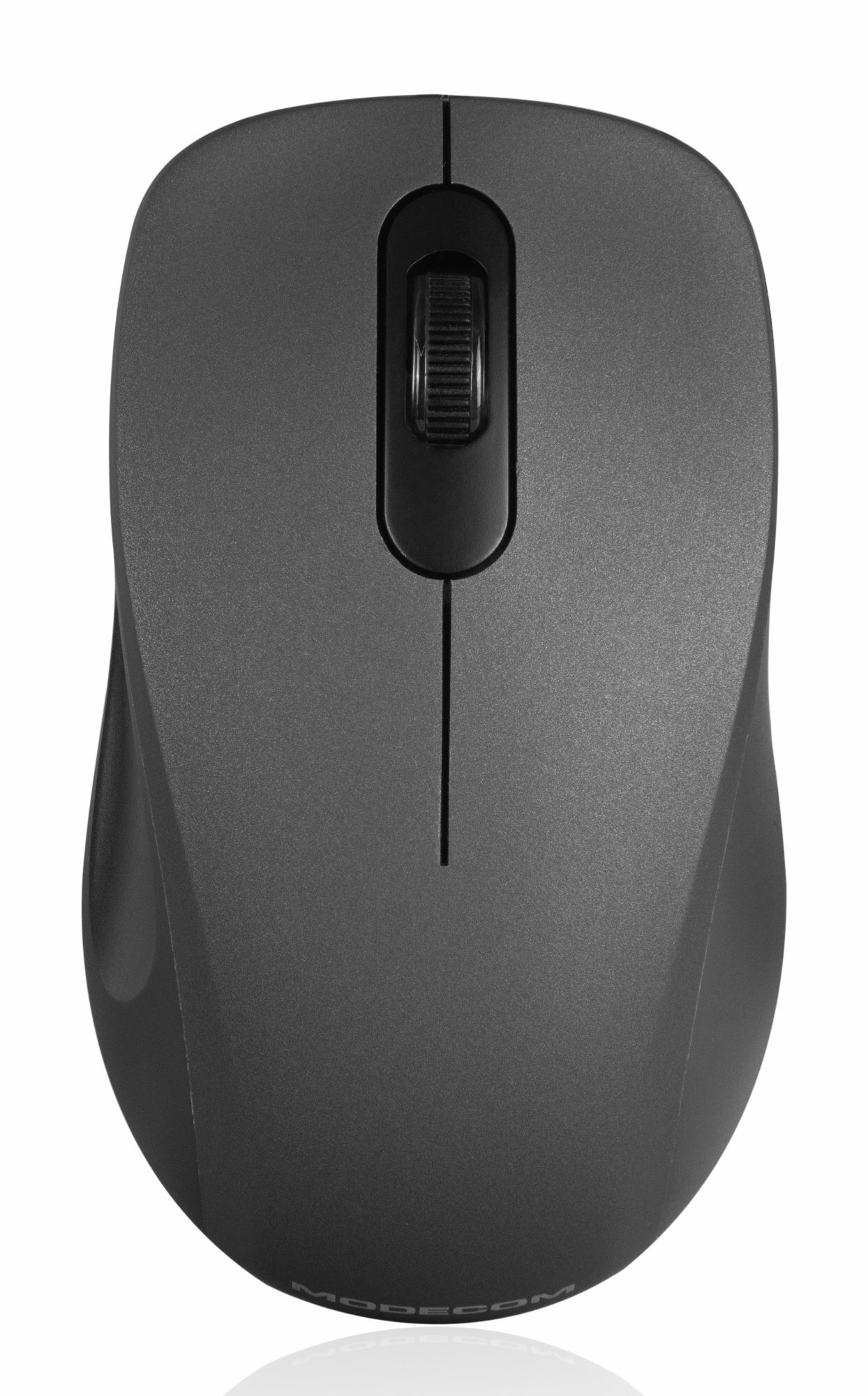 Szara mysz z kółkiem przewijania i linią pośrodku. Widok z góry, białe tło.