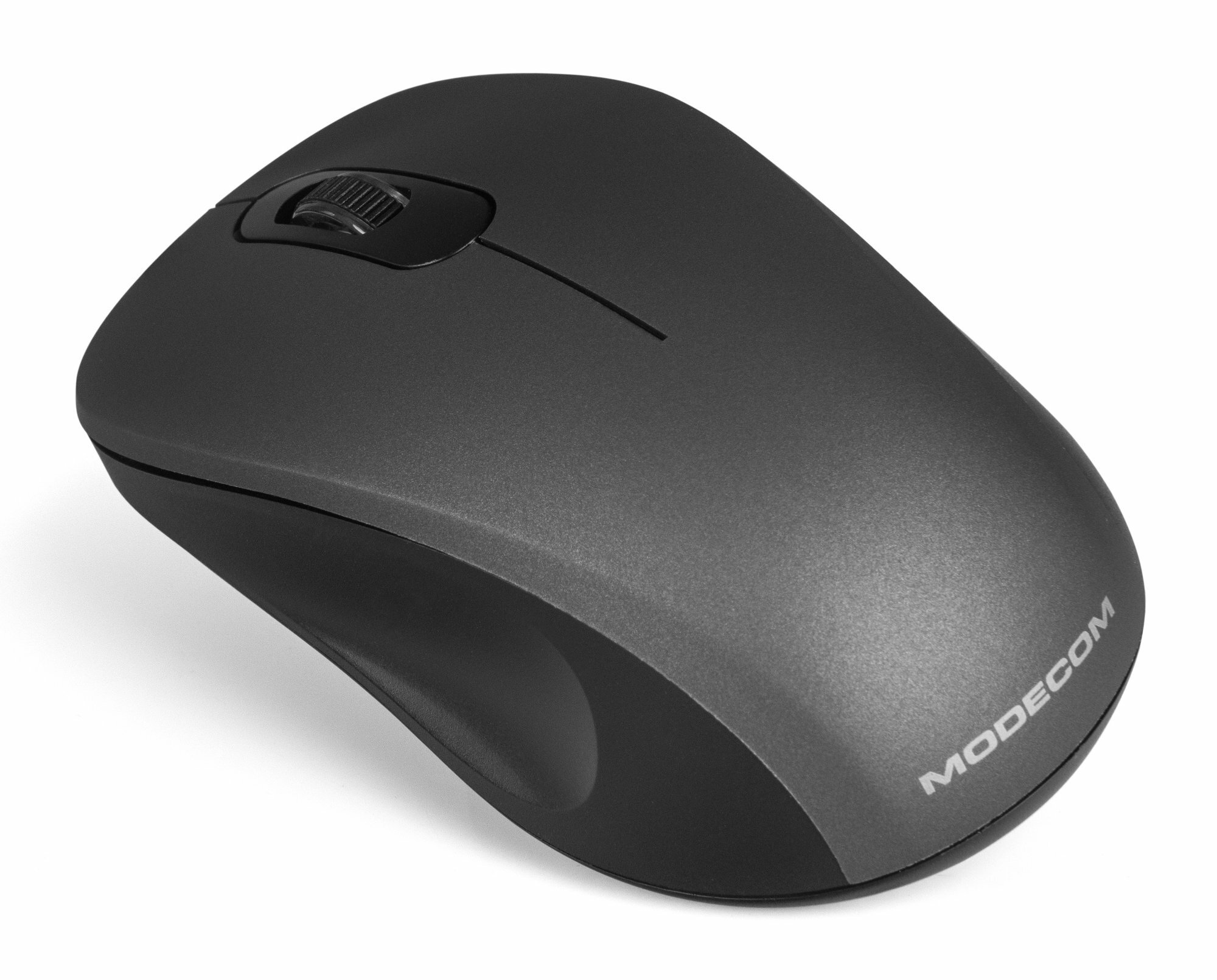 Ciemnoszara bezprzewodowa mysz komputerowa z kółkiem przewijania i marką Modecom.