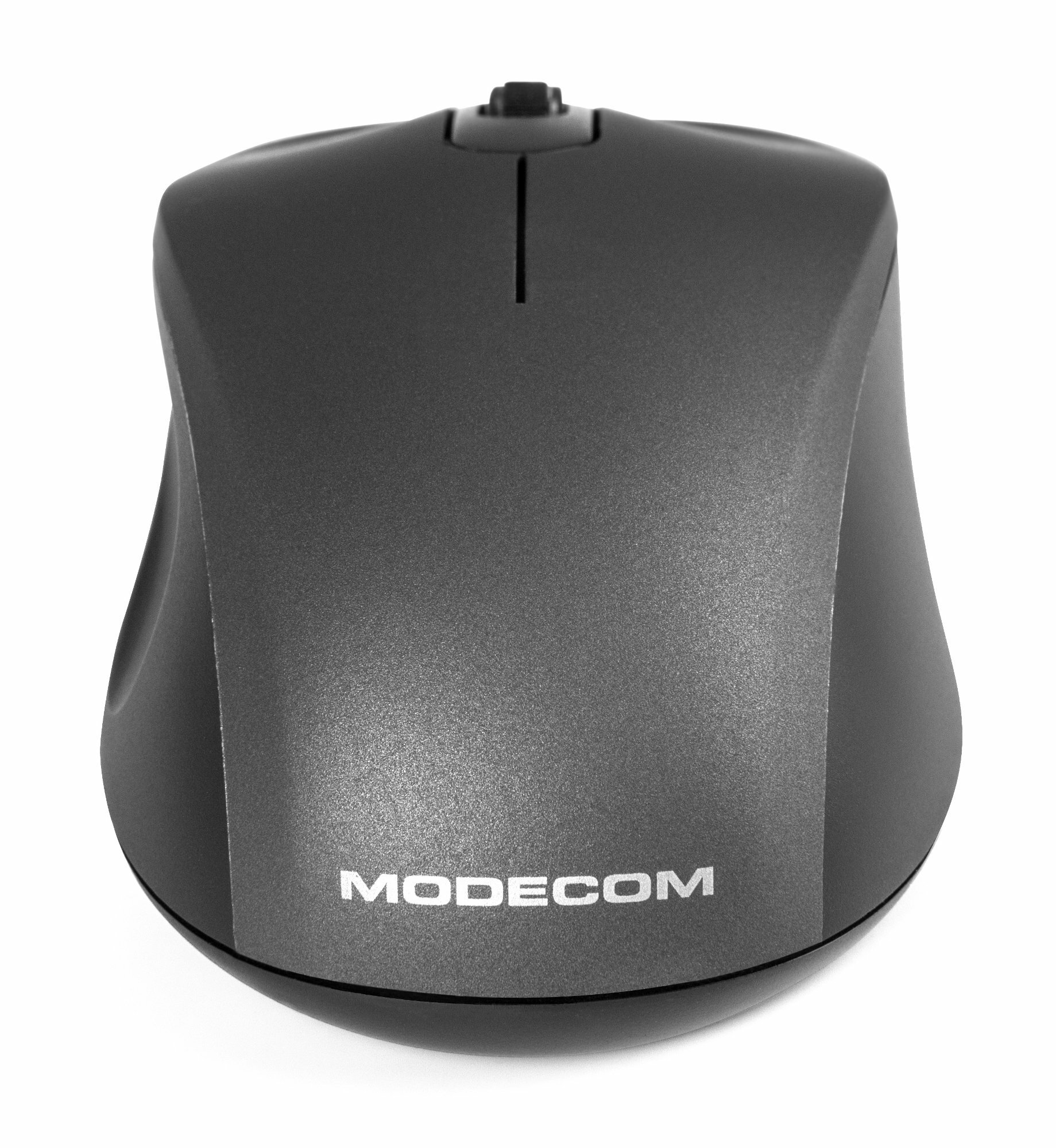 Czarna mysz z logo MODECOM. Białe tło.