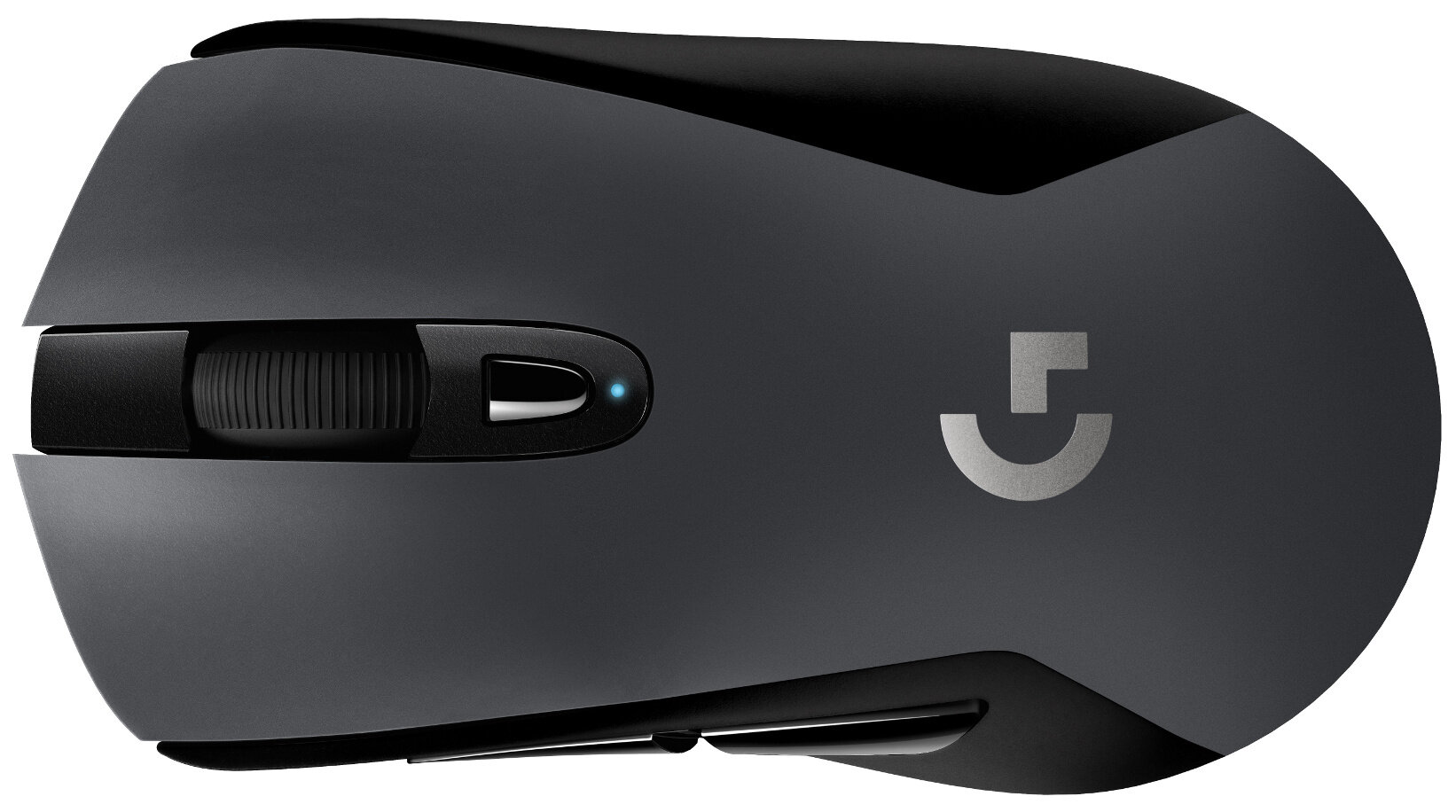 Ciemnoszara mysz komputerowa, widok z góry. Czarne kółko i przyciski. Białe tło.