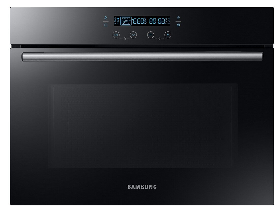 Czarny piekarnik mikrofalowy Samsung z cyfrowym wyświetlaczem i przyciskami.