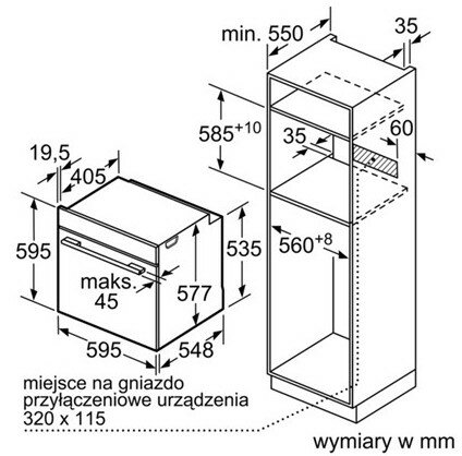 Schemat piekarnika z wymiarami w milimetrach.