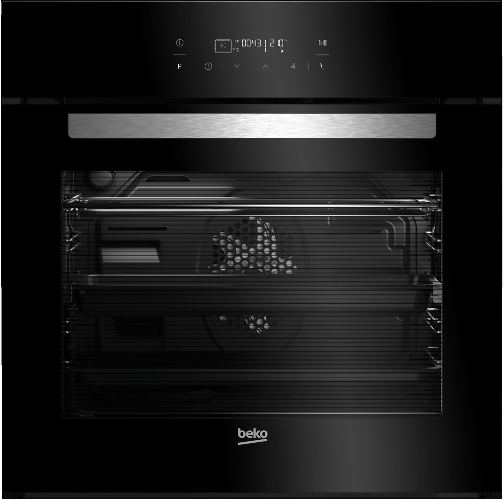 Czarny piekarnik Beko. Drzwi piekarnika są zamknięte. Posiada wyświetlacz cyfrowy.